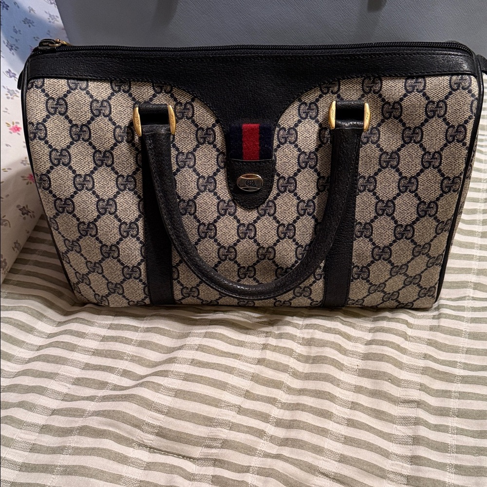 Gucci Beige GG Canvas Tote with Black Trim and Red-Blue Web